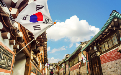 Korean flag and buildings